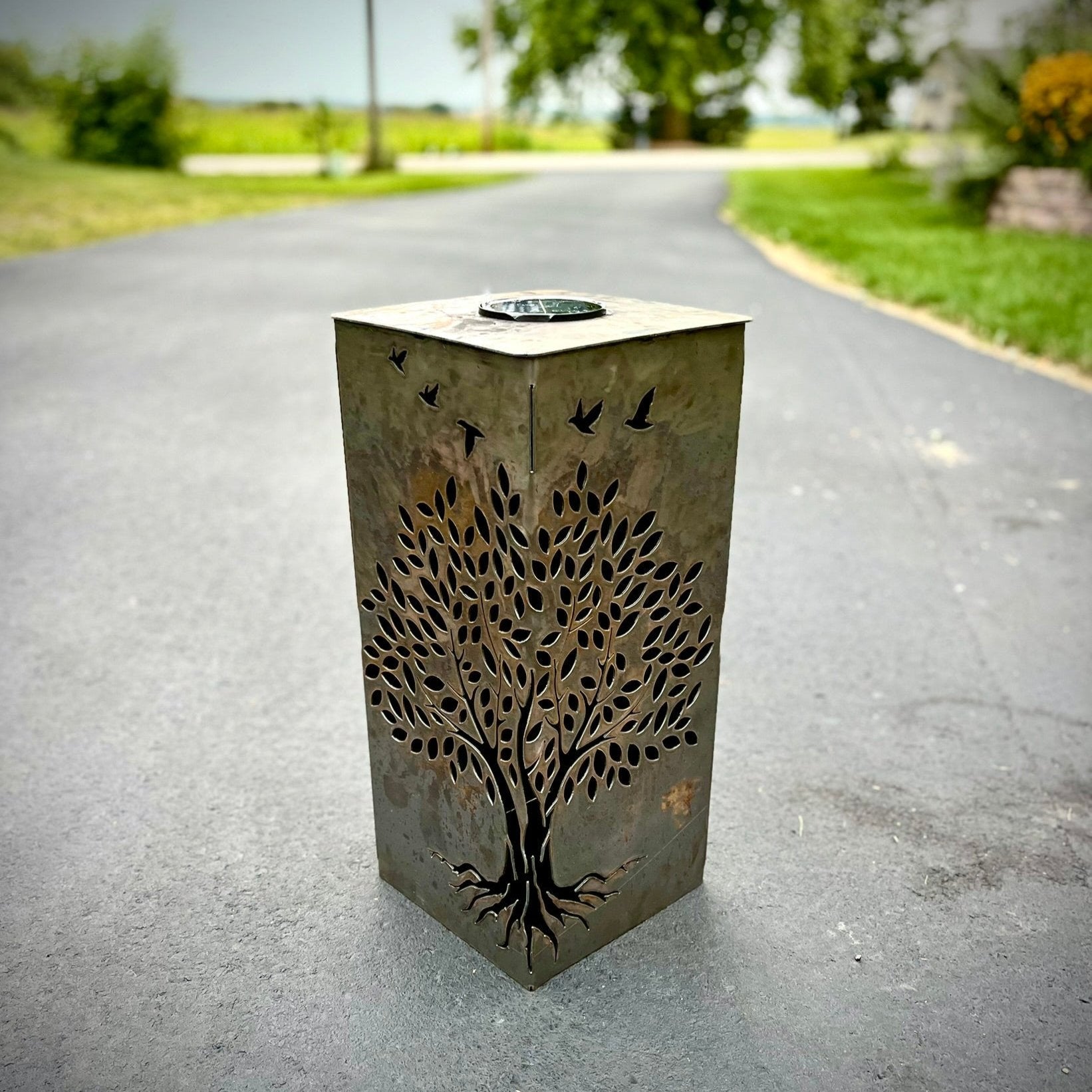 Basswood Tree Steel Luminary Pillar - cabin decor - garden lights - Northern Forge, LLC