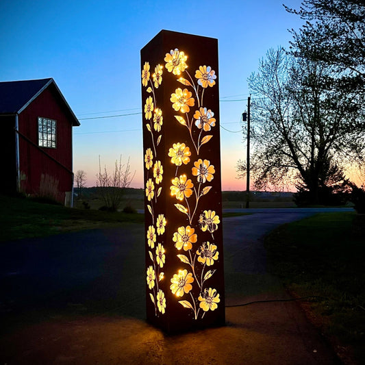 Blooming Magnolias Steel Luminary Pillar | Multiple Sizes - deck lighting - floral pillar - Northern Forge, LLC