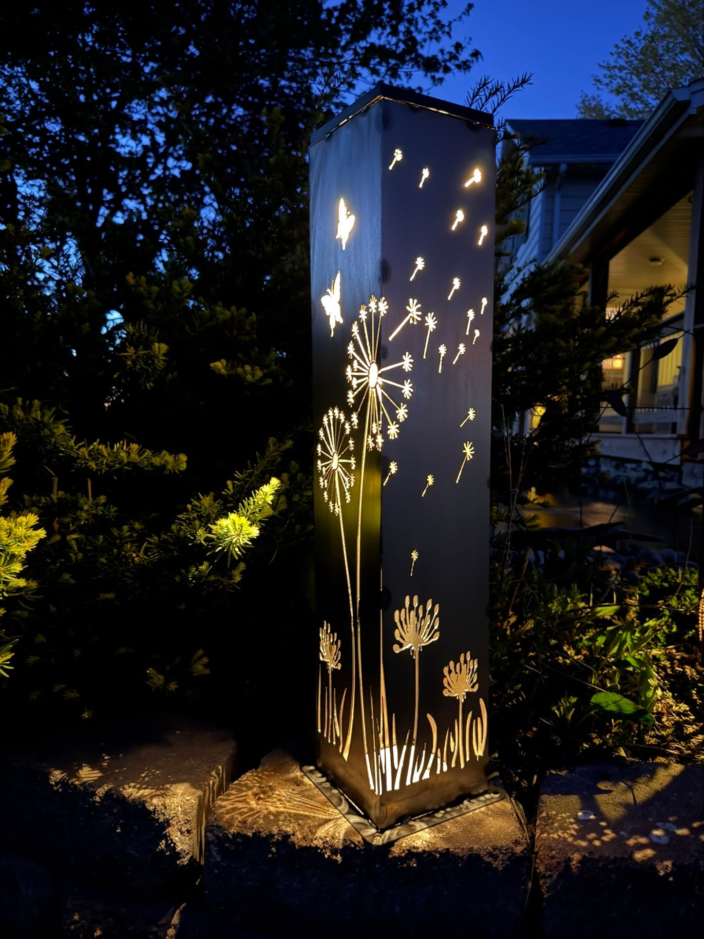 Blowing Dandelions Steel Luminary Pillar | Solar Light - blowing dandelions light - butterflies - Northern Forge, LLC