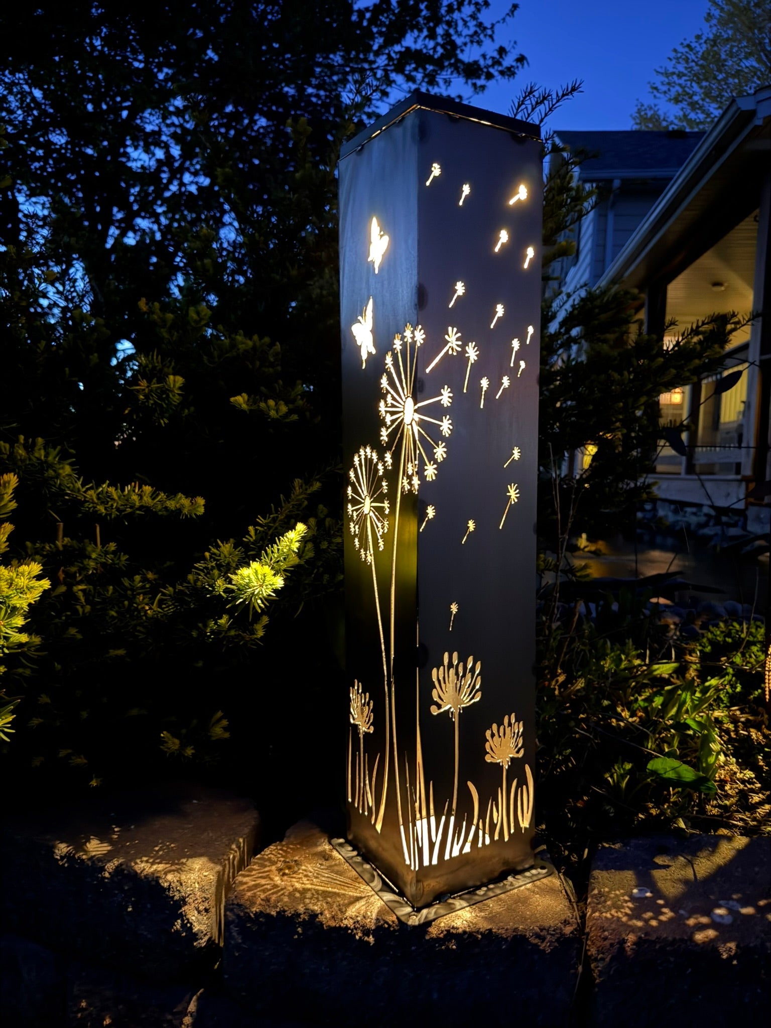 Blowing Dandelions Steel Luminary Pillar | Solar Light - blowing dandelions light - butterflies - Northern Forge, LLC