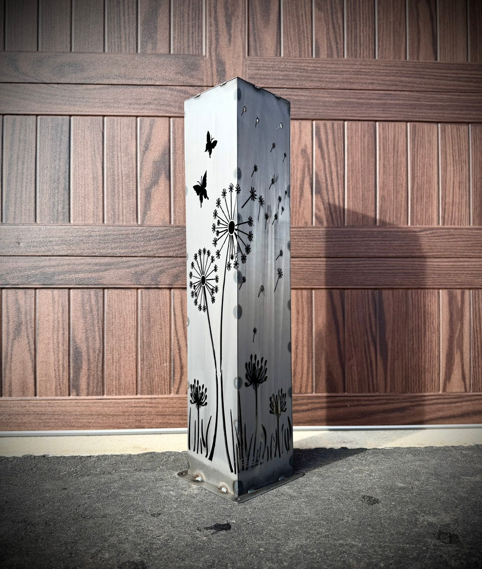 Blowing Dandelions Steel Luminary Pillar | Solar Light - blowing dandelions light - butterflies - Northern Forge, LLC