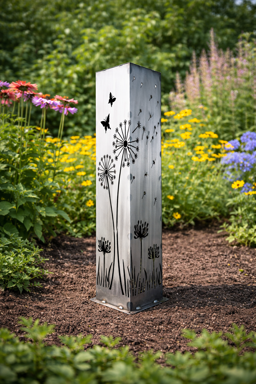 Blowing Dandelions Steel Luminary Pillar | Solar Light - blowing dandelions light - butterflies - Northern Forge, LLC