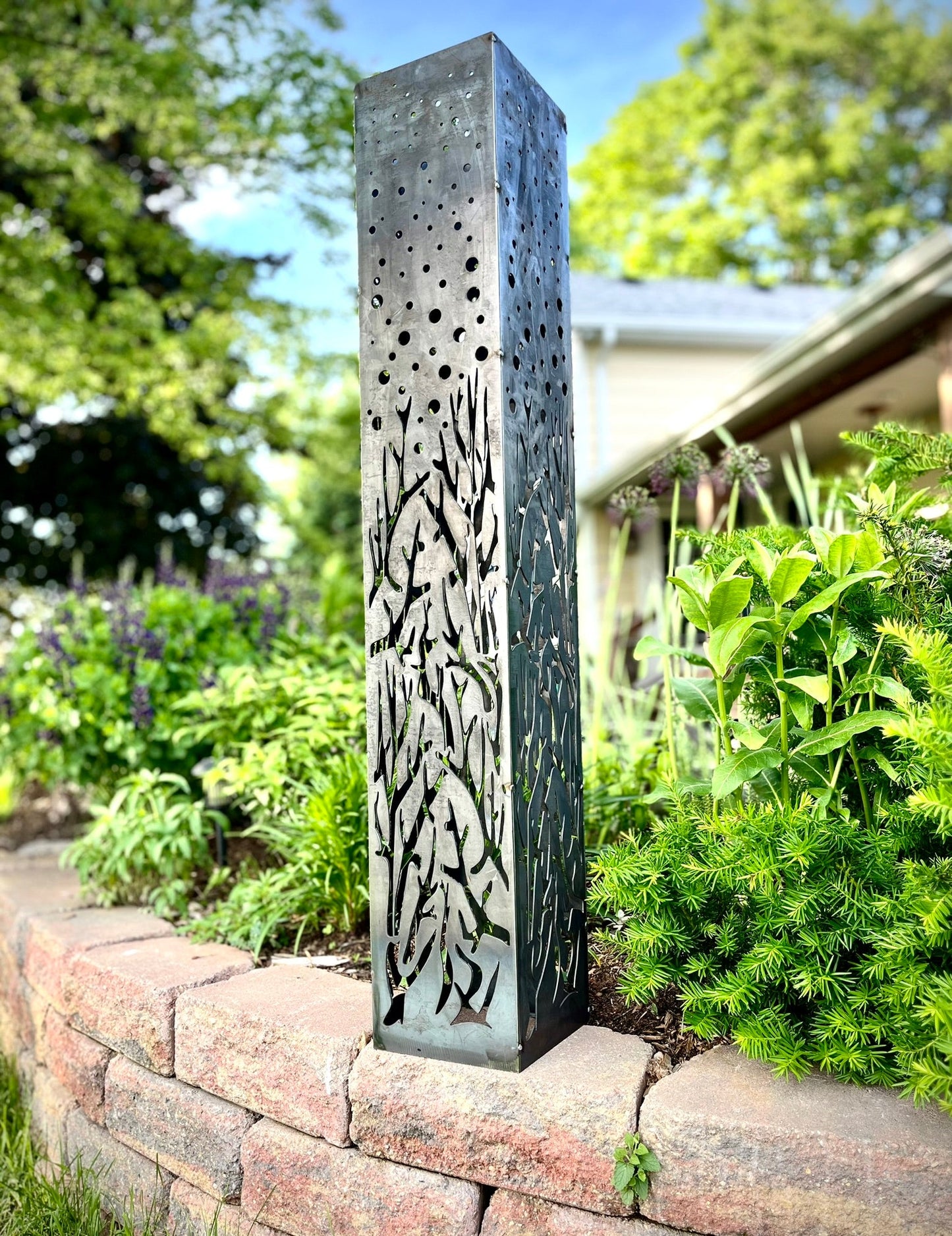 Branches & Stars Steel Luminary Pillar | 48 in. - flower pillar - garden light - Northern Forge, LLC