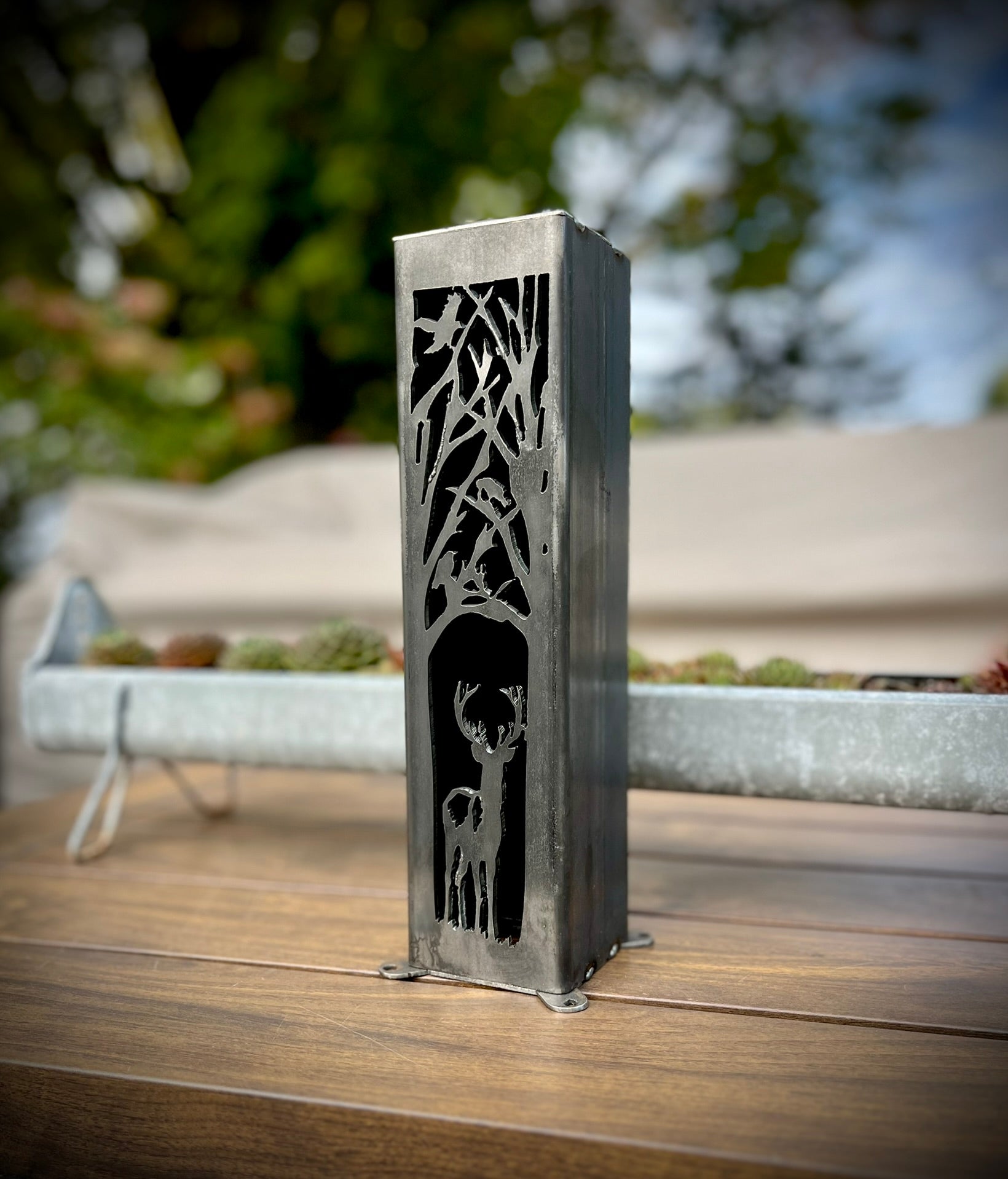 Buck Forest Solar Tube Light - Steel - Multiple Sizes - buck solar lantern - deer garden pillar - Northern Forge, LLC