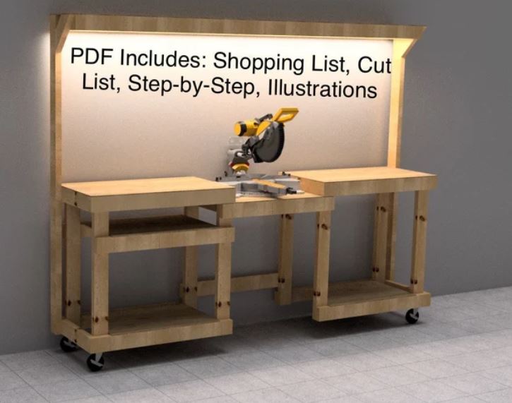 Build Plans for a Miter Saw Table w/ LED Lights, Miter Box Station - 8 foot work bench - Build Plans - Northern Forge, LLC