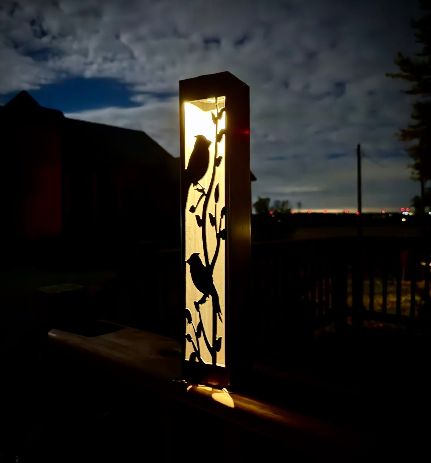 Cardinal at Dusk Luminary Pillar w/ Solar Cap | 16 - inch - bird solar light - birds metal light - Northern Forge, LLC