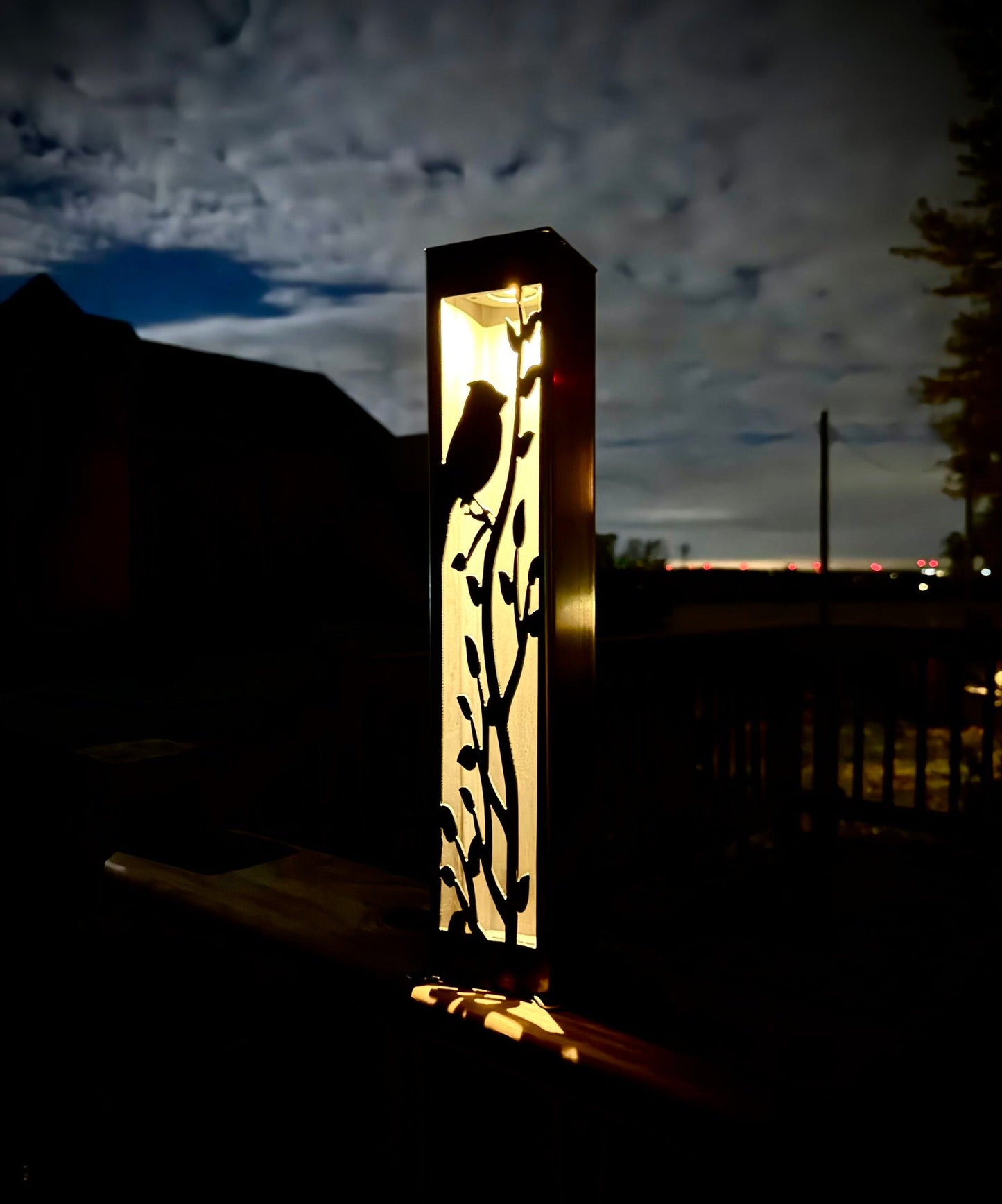 Cardinal at Dusk Luminary Pillar w/ Solar Cap | 16 - inch - bird solar light - birds metal light - Northern Forge, LLC