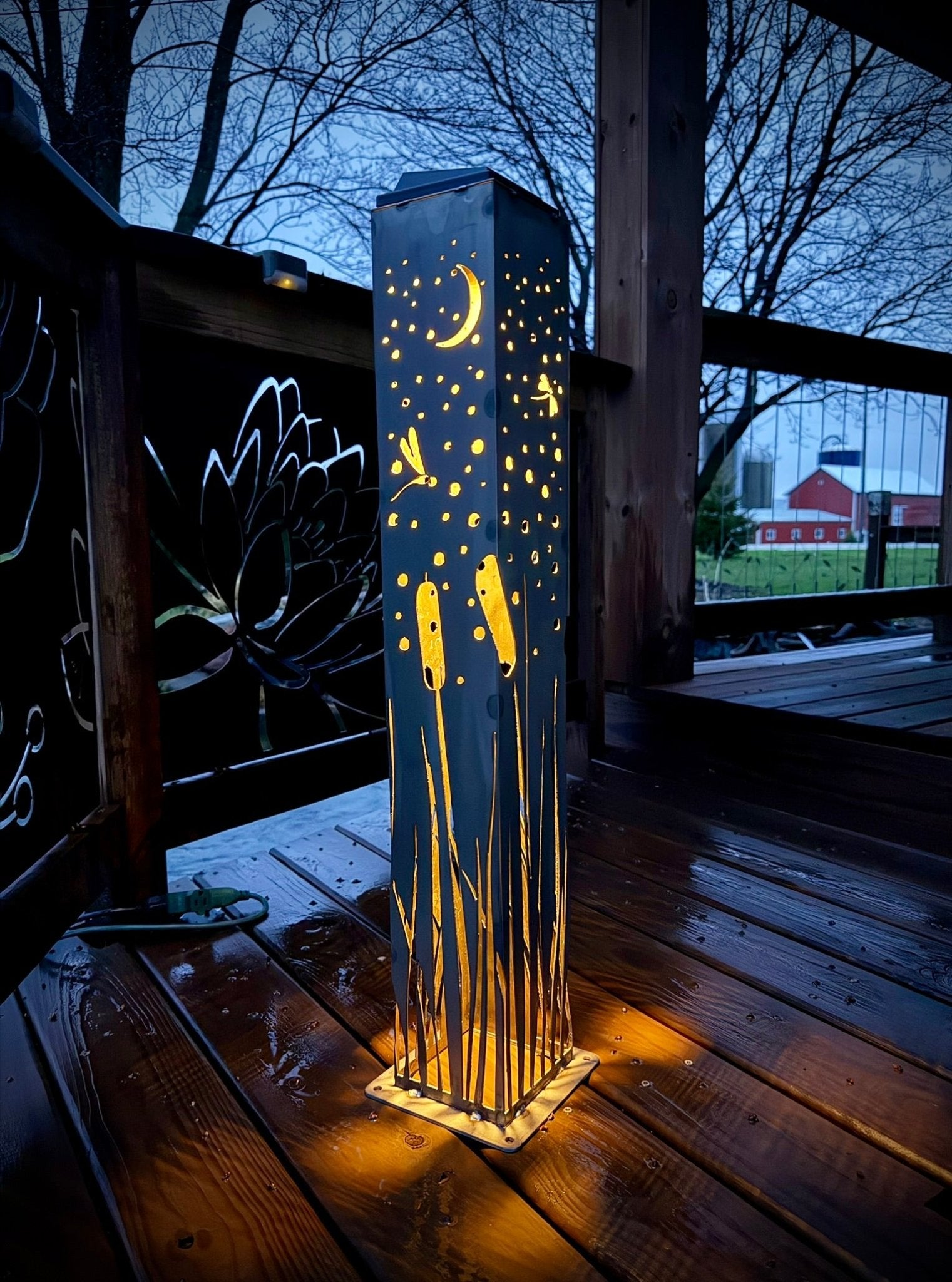 Cattails & Dragonflies Steel Luminary Pillar | Solar Light - cattails luminary - cattails solar light - Northern Forge, LLC