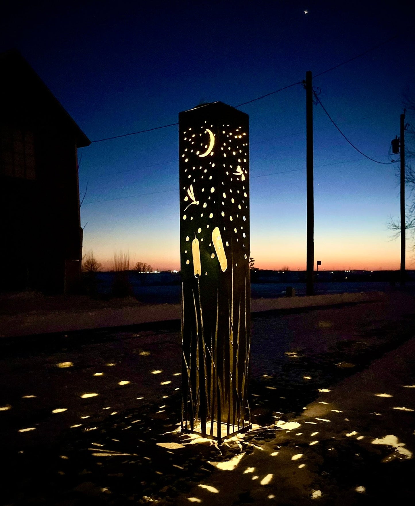 Cattails & Dragonflies Steel Luminary Pillar | Solar Light - cattails luminary - cattails solar light - Northern Forge, LLC