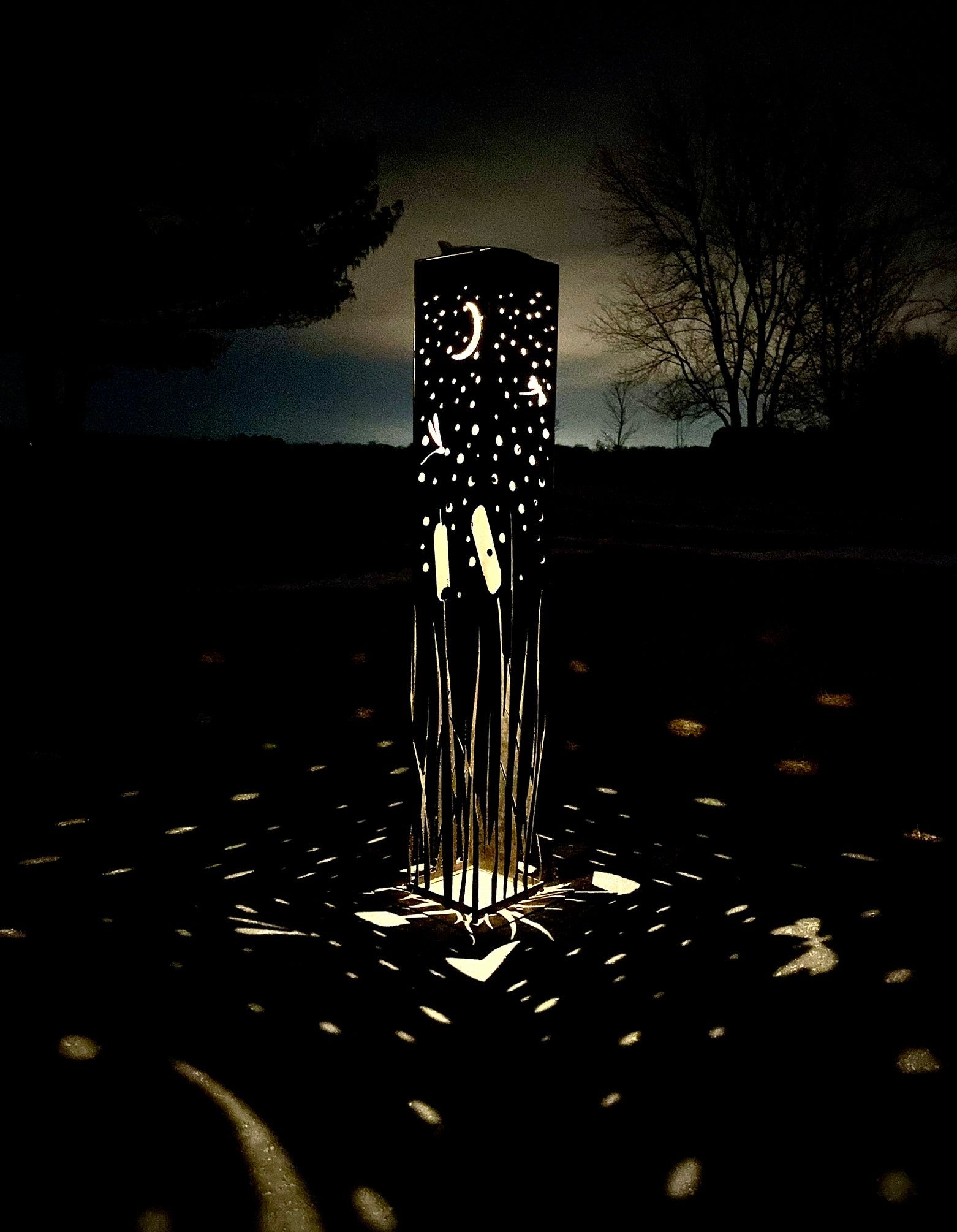 Cattails & Dragonflies Steel Luminary Pillar | Solar Light - cattails luminary - cattails solar light - Northern Forge, LLC