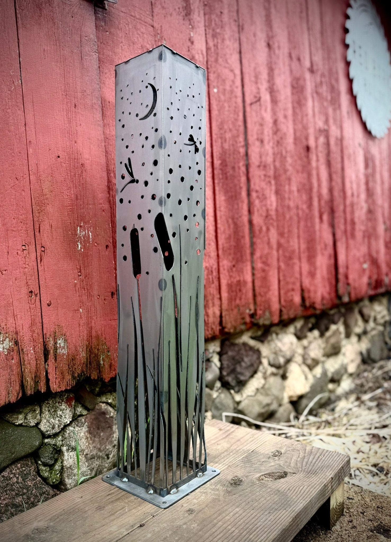 Cattails & Dragonflies Steel Luminary Pillar | Solar Light