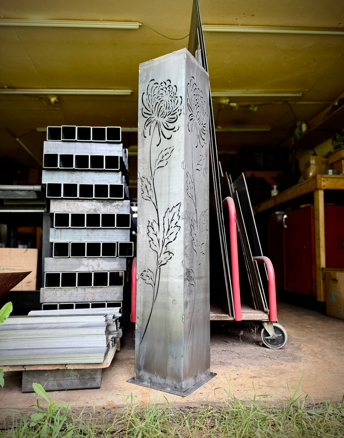 Chrysanthemum Steel Solar Pillar | 48-Inch | Corten Available - cabin decor - flower pillar - Northern Forge, LLC