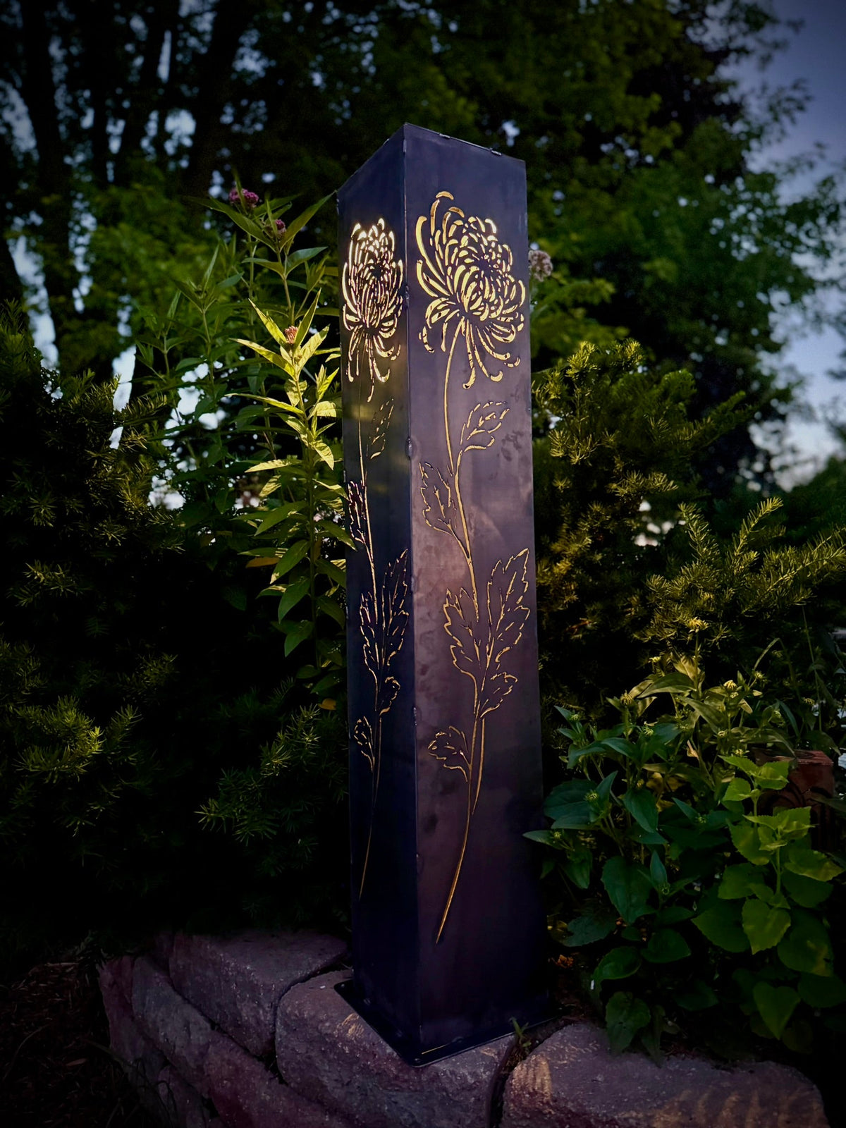 Chrysanthemum Steel Solar Pillar | 48-Inch | Corten Available - cabin decor - flower pillar - Northern Forge, LLC