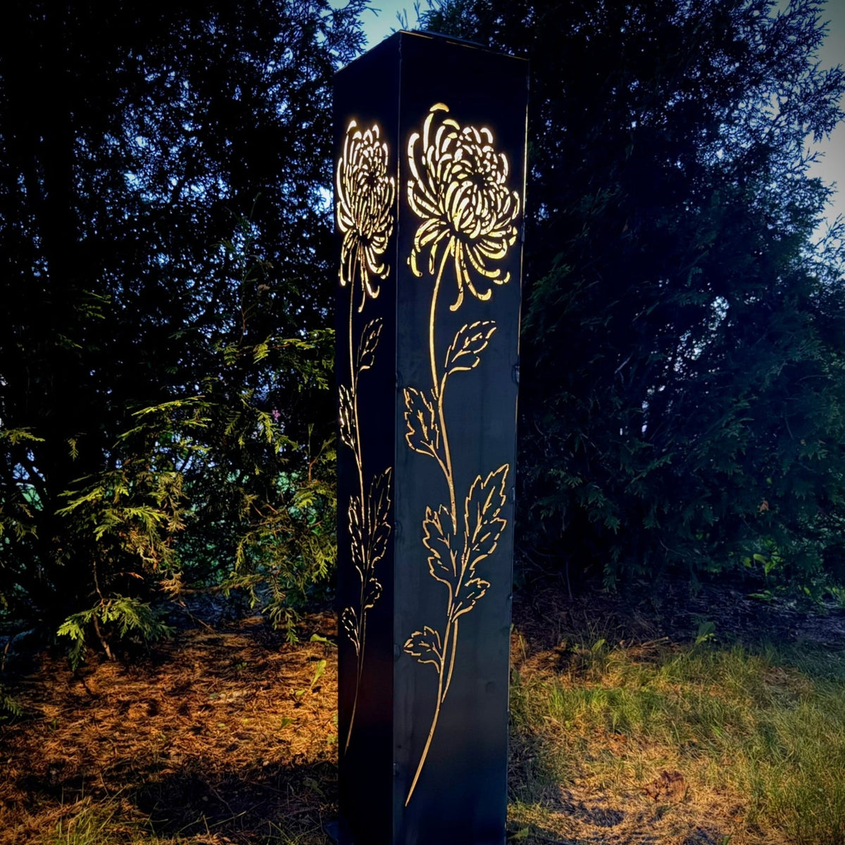 Chrysanthemum Steel Solar Pillar | 48-Inch | Corten Available - cabin decor - flower pillar - Northern Forge, LLC