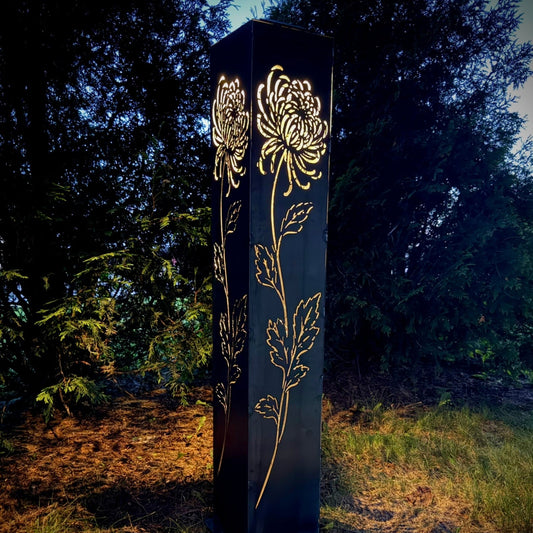 Chrysanthemum Steel Solar Pillar | 48-Inch | Corten Available - cabin decor - flower pillar - Northern Forge, LLC