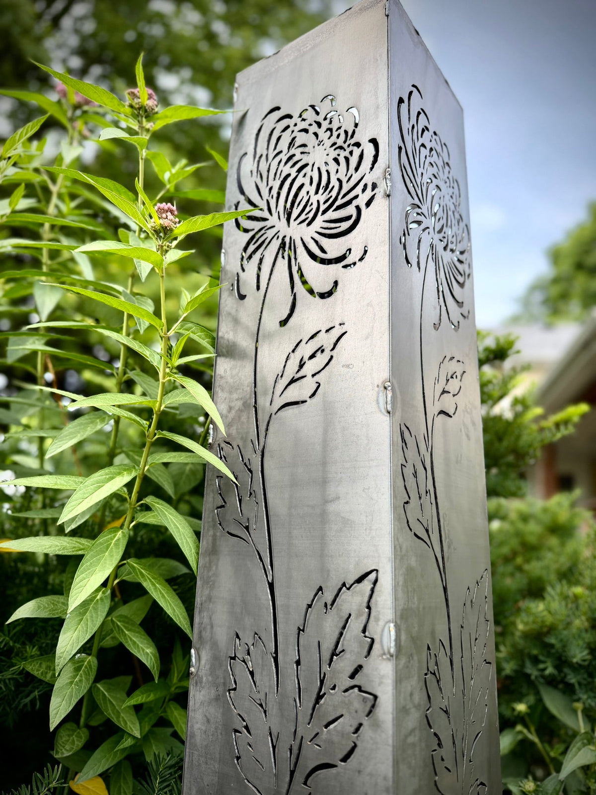 Chrysanthemum Steel Solar Pillar | 48-Inch | Corten Available - cabin decor - flower pillar - Northern Forge, LLC