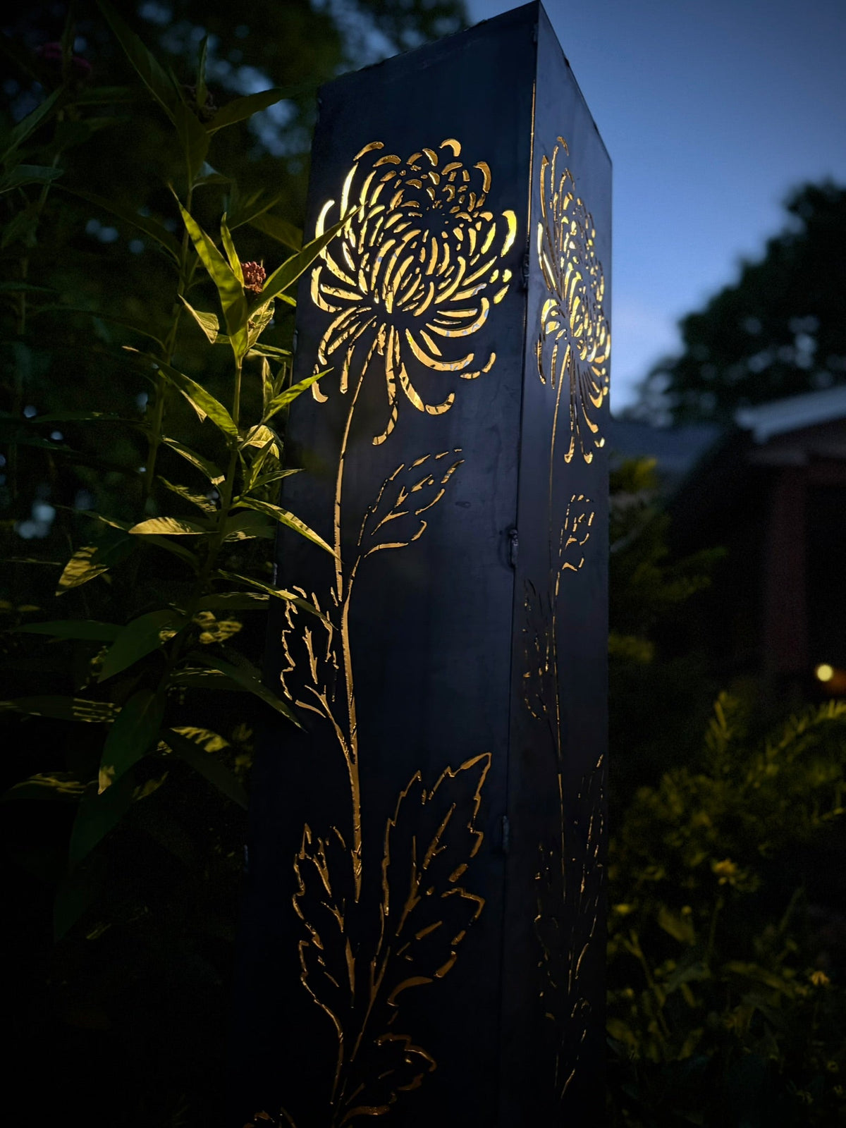 Chrysanthemum Steel Solar Pillar | 48-Inch | Corten Available - cabin decor - flower pillar - Northern Forge, LLC