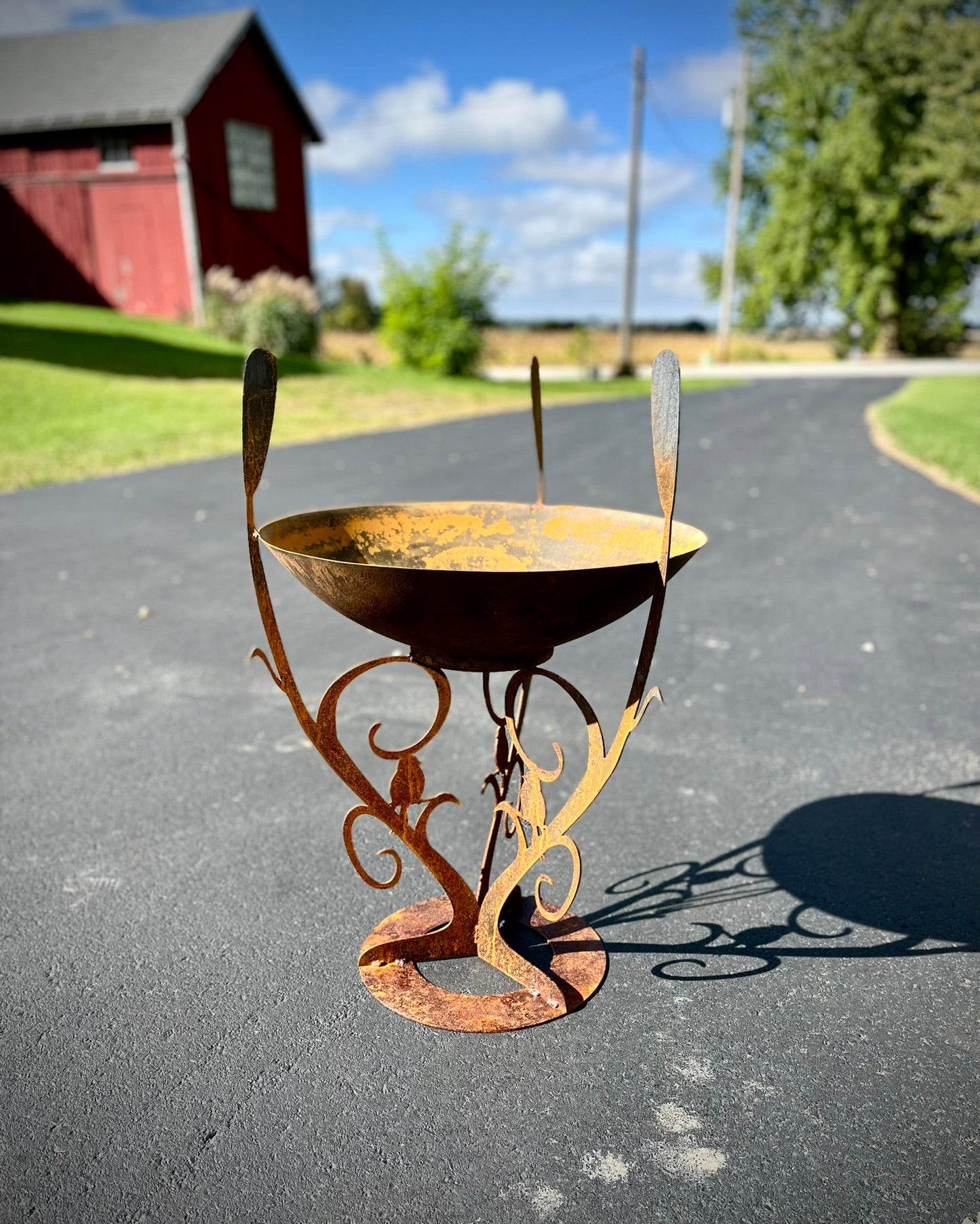 Corten Steel Cattail Bird Bath | Mirror Bowl - corten bird bath - corten planter - Northern Forge, LLC