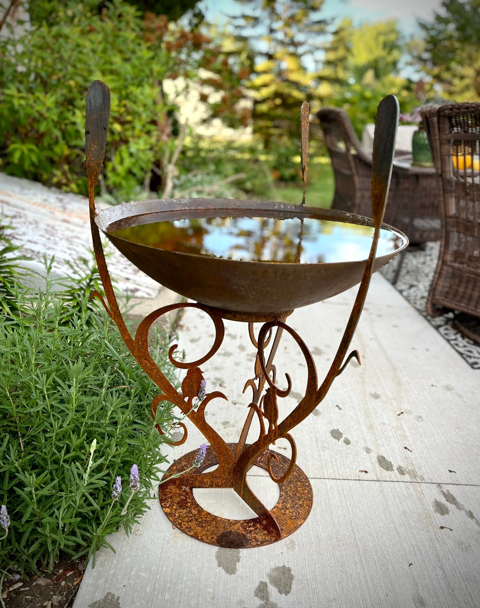 Corten Steel Cattail Bird Bath | Mirror Bowl - corten bird bath - corten planter - Northern Forge, LLC