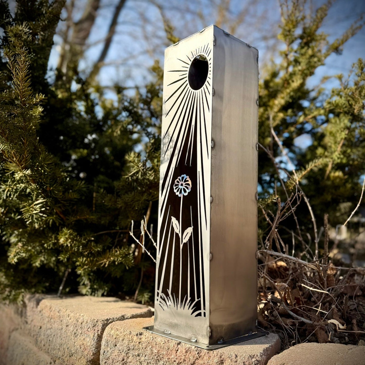 Daybreak Bloom Solar Luminary Pillar | Steel - flower pillar - flower sun pillar - Northern Forge, LLC