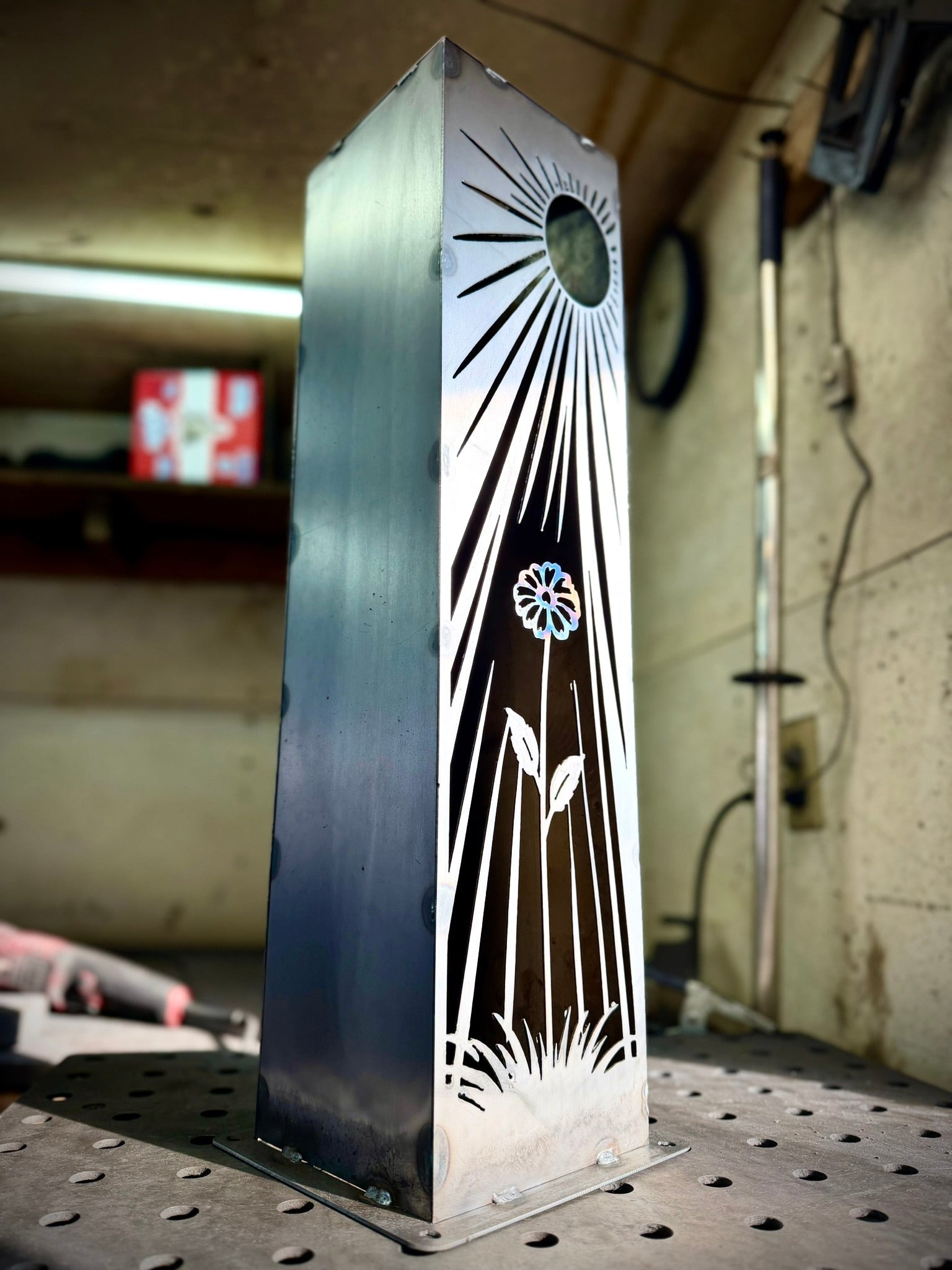 Daybreak Bloom Solar Luminary Pillar | Steel - flower pillar - flower sun pillar - Northern Forge, LLC