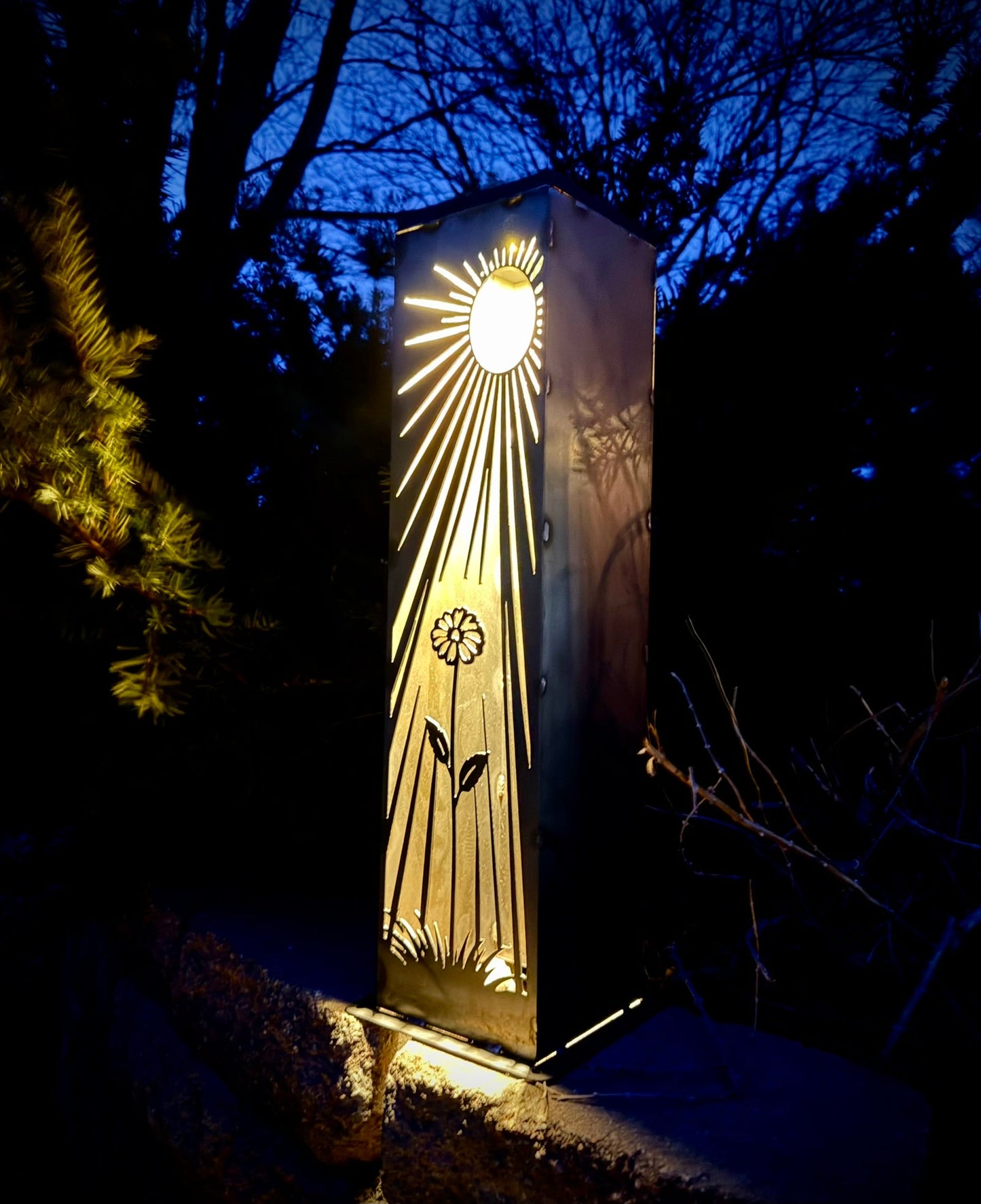 Daybreak Bloom Solar Luminary Pillar | Steel - flower pillar - flower sun pillar - Northern Forge, LLC