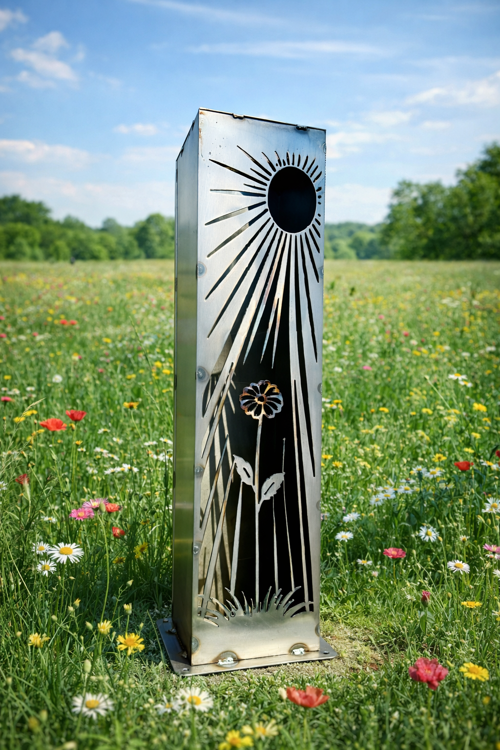 Daybreak Bloom Solar Luminary Pillar | Steel - flower pillar - flower sun pillar - Northern Forge, LLC