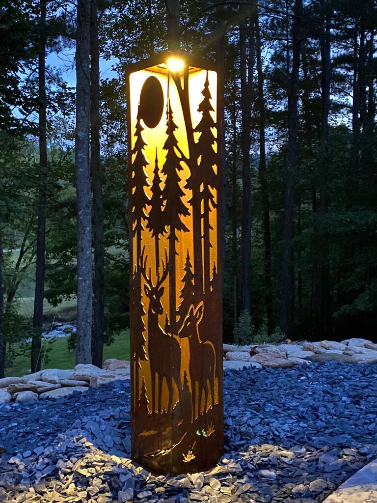 Deer at Dusk Corner Solar Pillar - Steel - deer pillar - deer solar lantern - Northern Forge, LLC