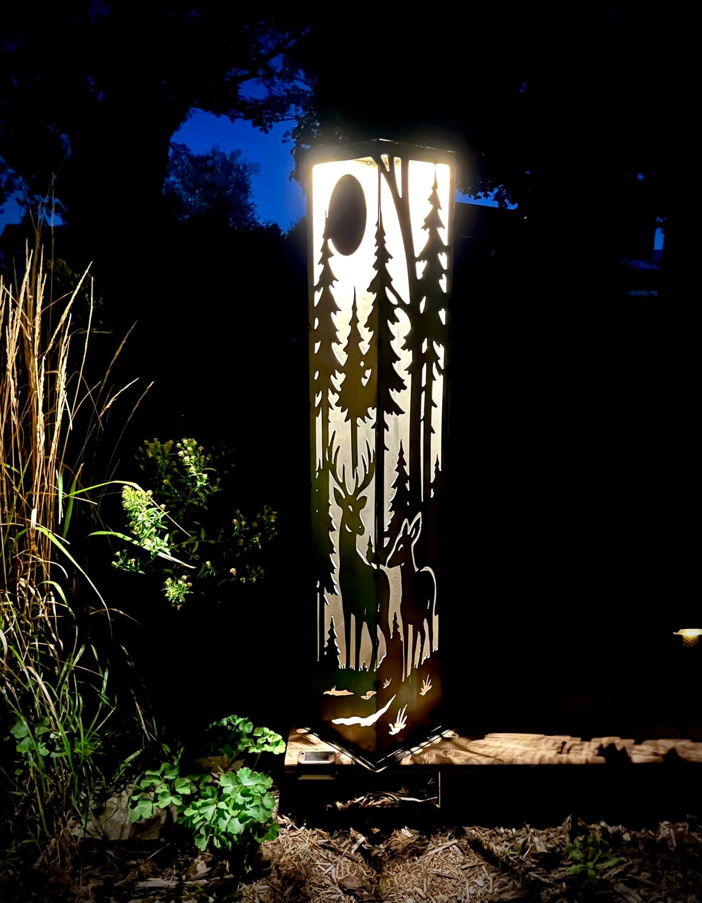 Deer at Dusk Corner Solar Pillar - Steel - deer pillar - deer solar lantern - Northern Forge, LLC