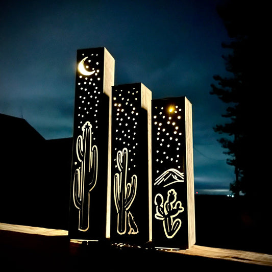 Desert Night Luminary Pillar w/ Solar Cap | 12 - inch, 14 - inch, 18 - inch - cactus metal - cactus solar light - Northern Forge, LLC