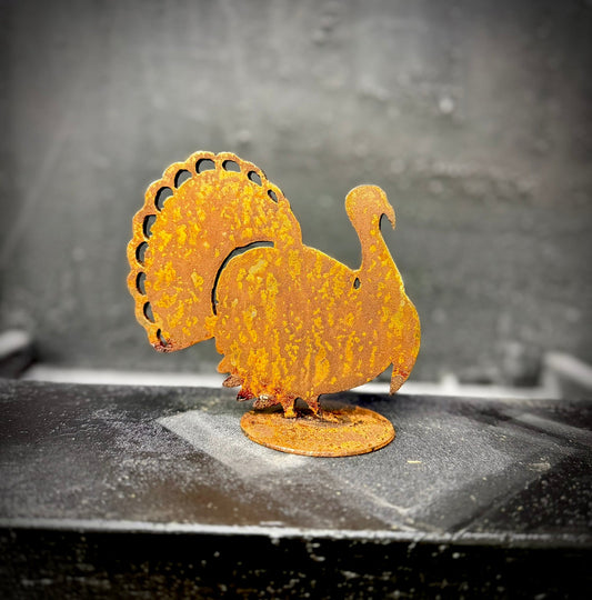 DISCOUNTED - Standing Rusted Metal Mantel Turkey- 4-inches - bear decor shelf - cabin decor - Northern Forge, LLC
