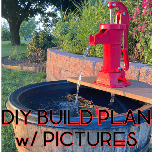 DIY Build Plans for Whiskey Barrel Patio Pond with Rustic Hand Pump Fountain - PDF - Build Plans - build your own planter - Northern Forge, LLC