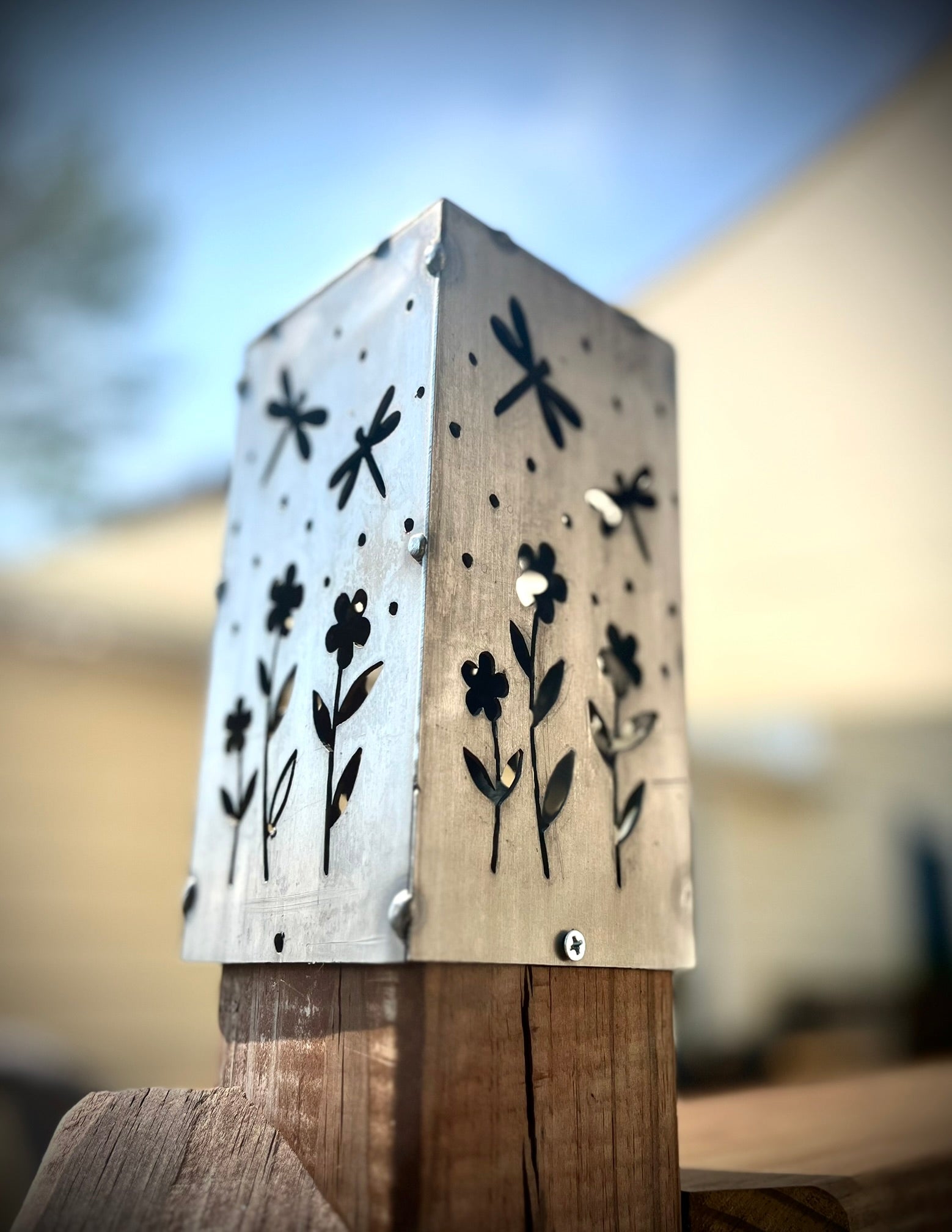 Dragonflies Steel Solar Post Cap | 4x4 Posts - 4x4 post light topper - accent lights - Northern Forge, LLC
