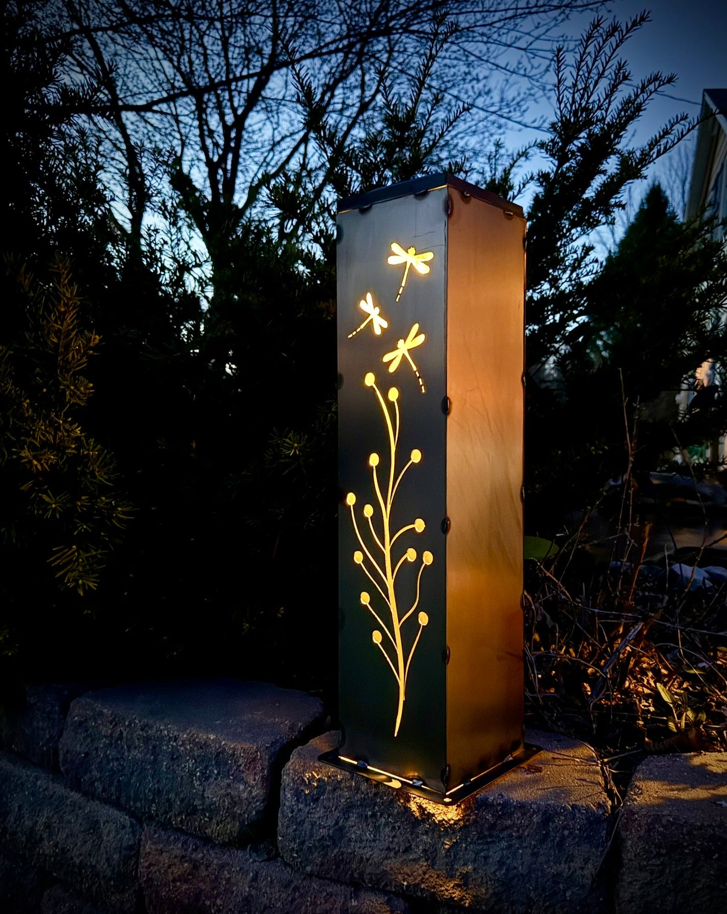 Dragonfly Branch Solar Luminary Pillar - Steel - dragon fly - dragonflies - Northern Forge, LLC