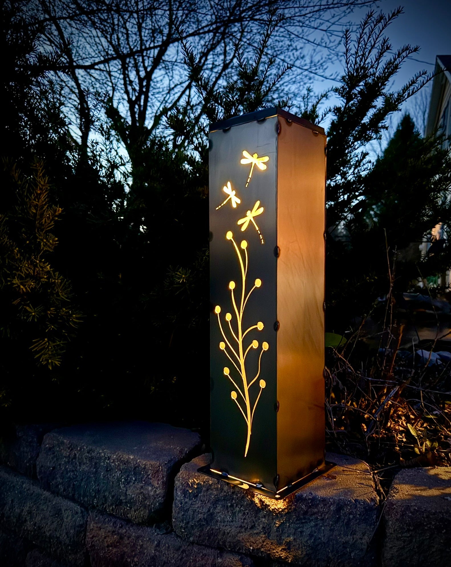 Dragonfly Branch Solar Luminary Pillar - Steel - dragon fly - dragonflies - Northern Forge, LLC