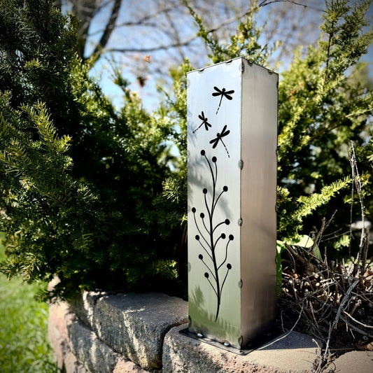 Dragonfly Branch Solar Luminary Pillar - Steel - dragon fly - dragonflies - Northern Forge, LLC