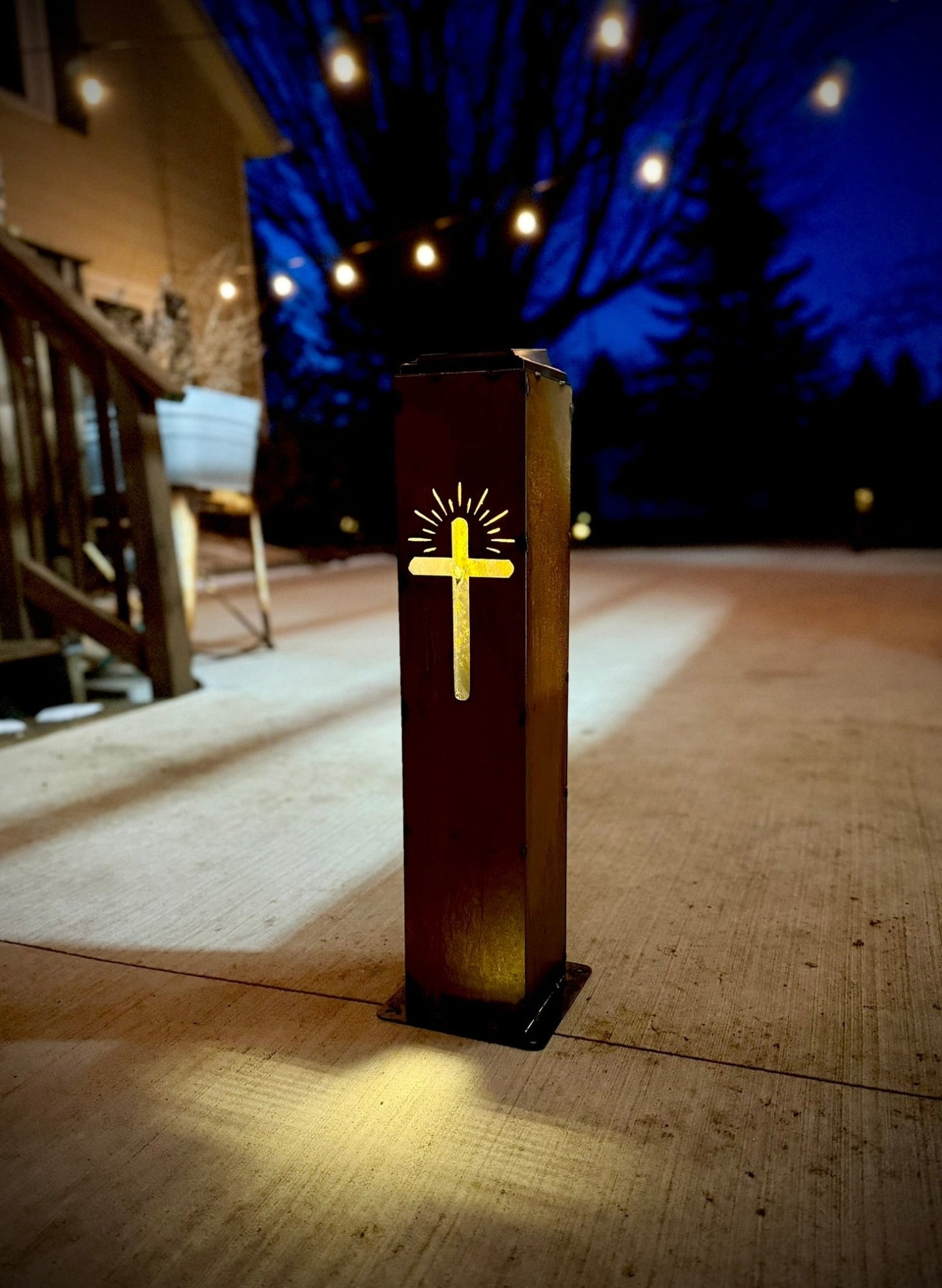 Eternal Light Solar Pillar - Steel Cross - cemetery solar light - christmas - Northern Forge, LLC