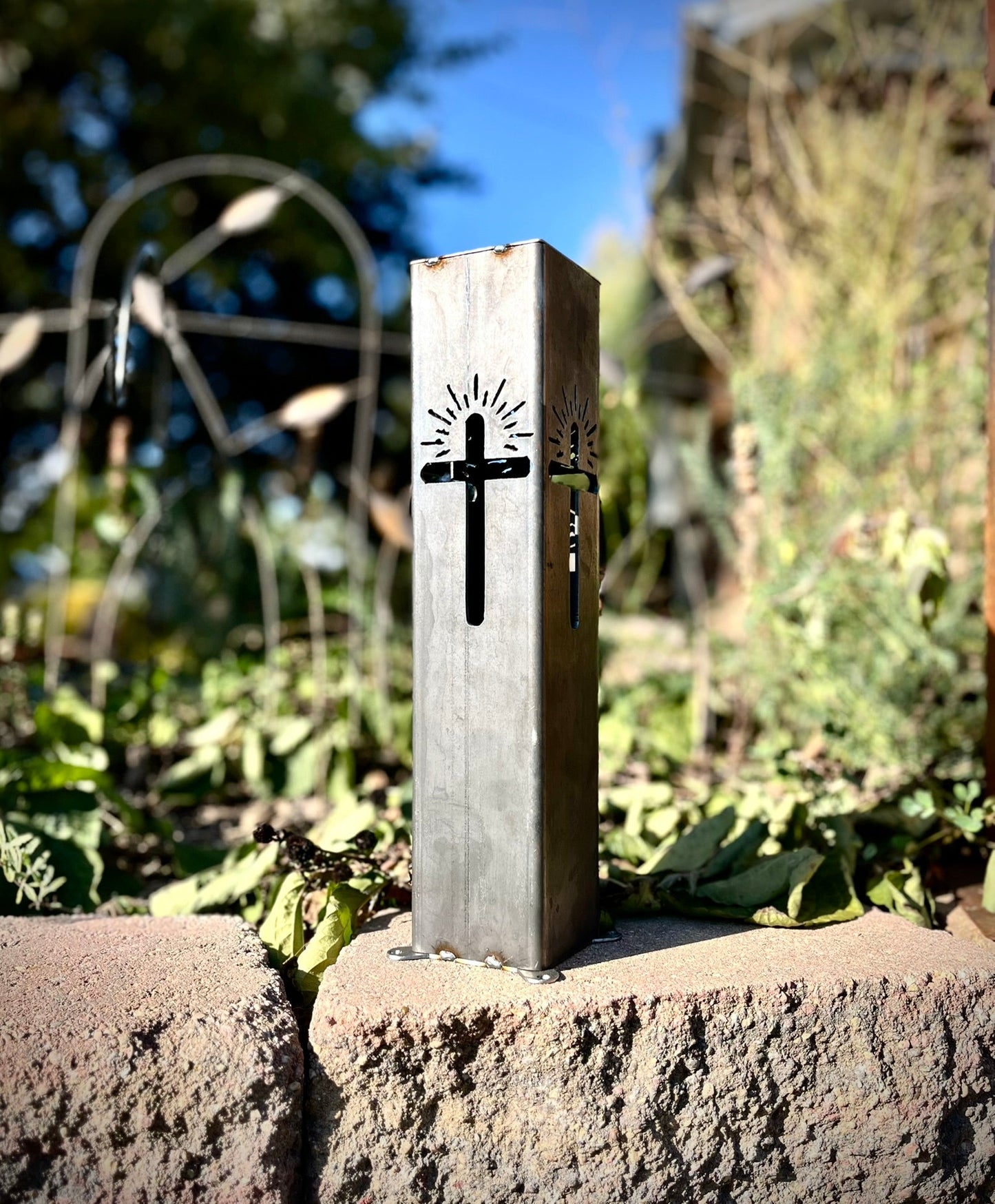 Eternal Light Solar Pillar - Steel Cross - cemetery solar light - christmas - Northern Forge, LLC