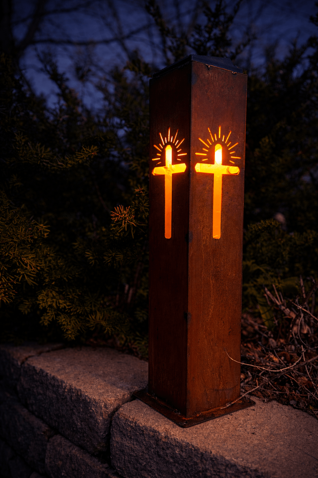 Eternal Light Solar Pillar - Steel Cross - cemetery solar light - christmas - Northern Forge, LLC