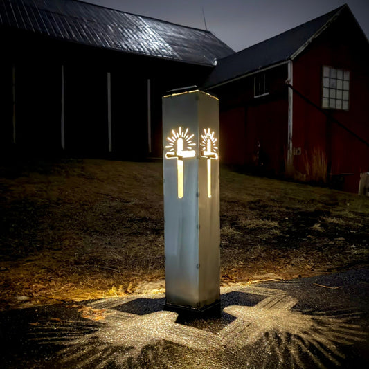 Eternal Light Solar Pillar - Steel Cross - cemetery solar light - christmas - Northern Forge, LLC