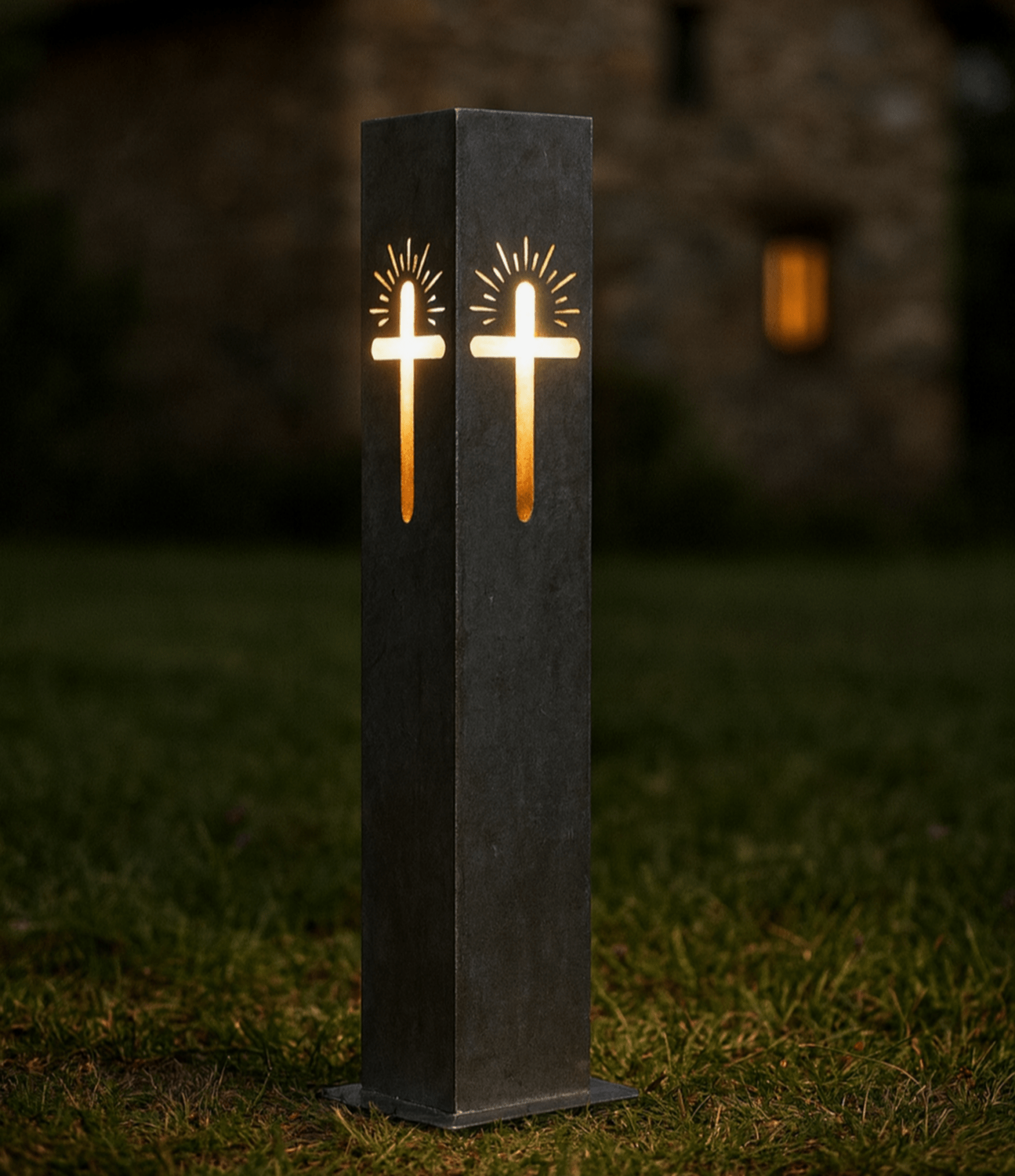 Eternal Light Solar Pillar - Steel Cross - cemetery solar light - christmas - Northern Forge, LLC