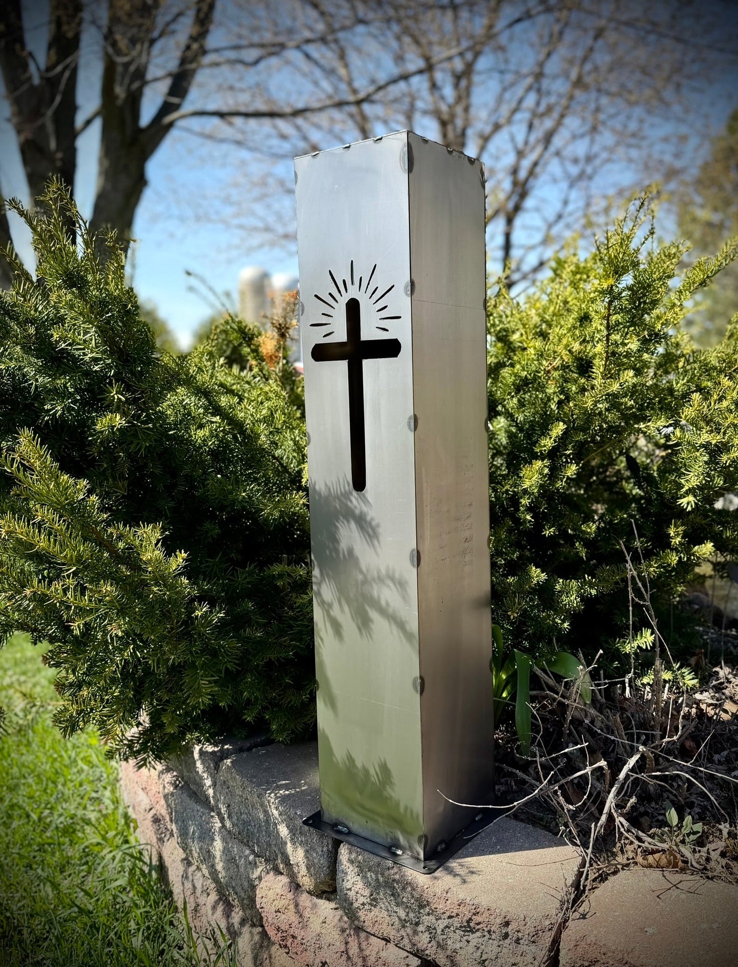 Eternal Light Solar Pillar - Steel Cross - cemetery solar light - christmas - Northern Forge, LLC