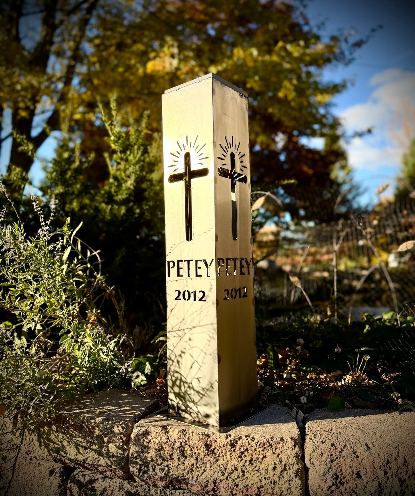 Eternal Light Solar Pillar - Steel Cross - cemetery solar light - christmas - Northern Forge, LLC