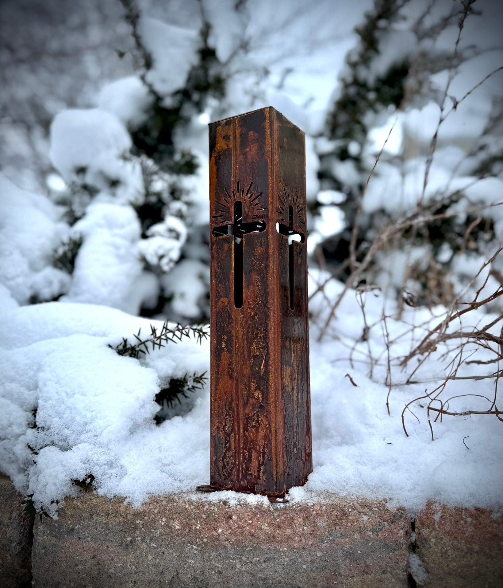 Eternal Light Solar Pillar - Steel Cross - cemetery solar light - christmas - Northern Forge, LLC