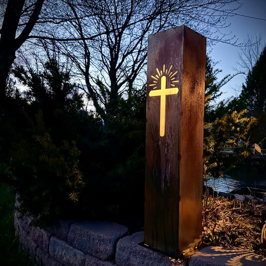 Eternal Light Solar Pillar - Steel Cross - cemetery solar light - christmas - Northern Forge, LLC