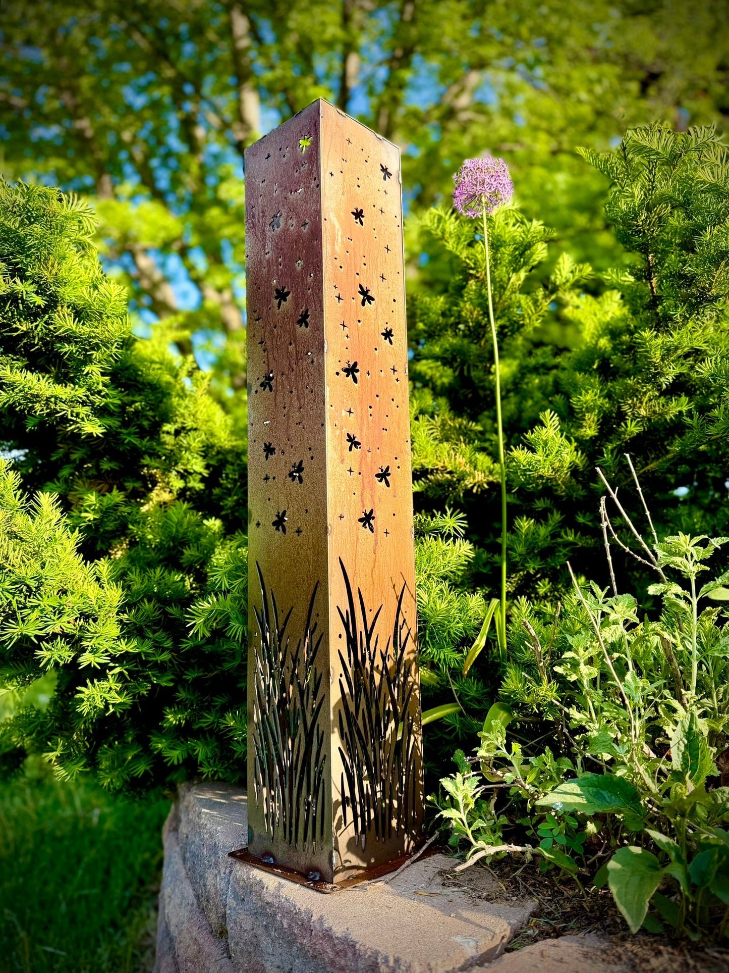 Firefly Meadow Steel Luminary Pillar | Multiple Sizes - corten pillar - corten steel light - Northern Forge, LLC