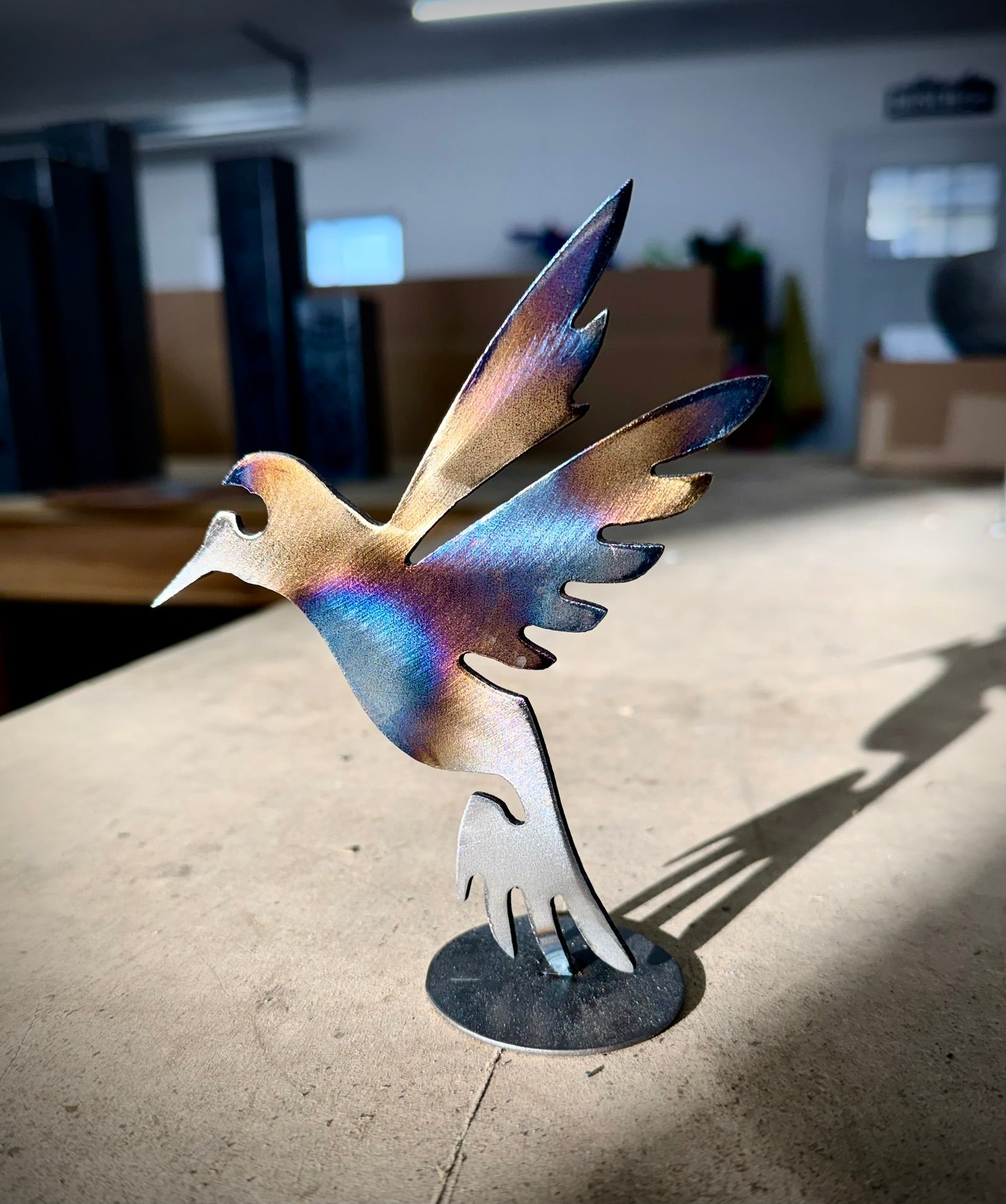 Flame - Painted Hummingbird - Mantel - bird art - bird mantel - Northern Forge, LLC