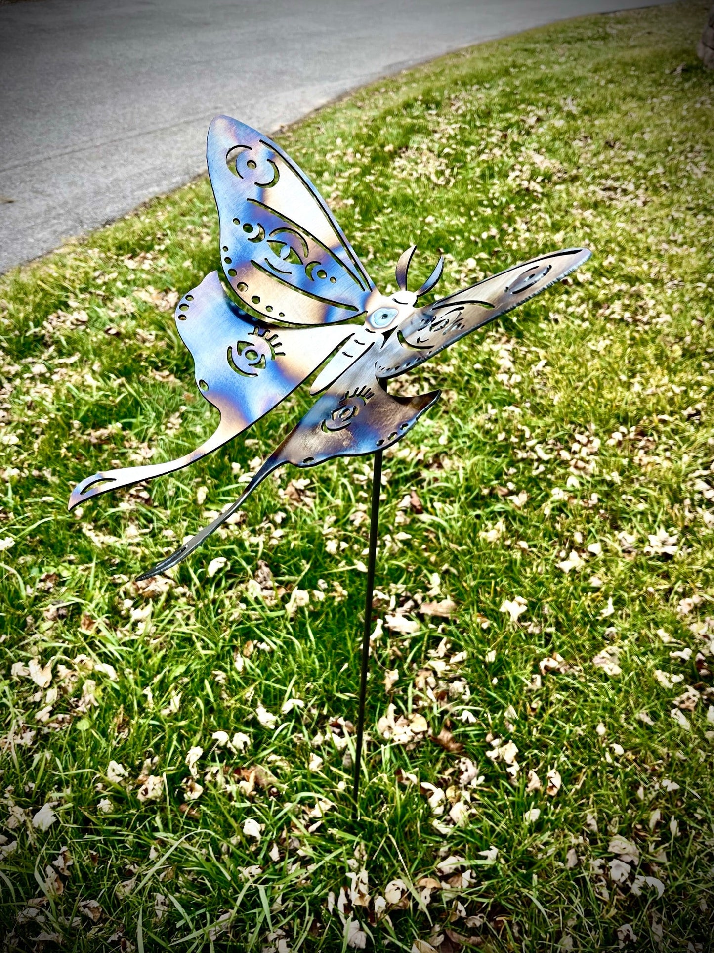 Flame Painted Steel Luna Moth Yard Art w/ Stake - garden - garden art - Northern Forge, LLC