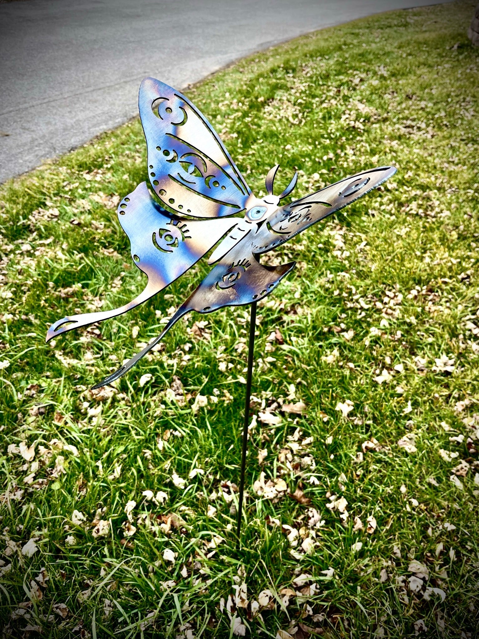 Flame Painted Steel Luna Moth Yard Art w/ Stake - garden - garden art - Northern Forge, LLC