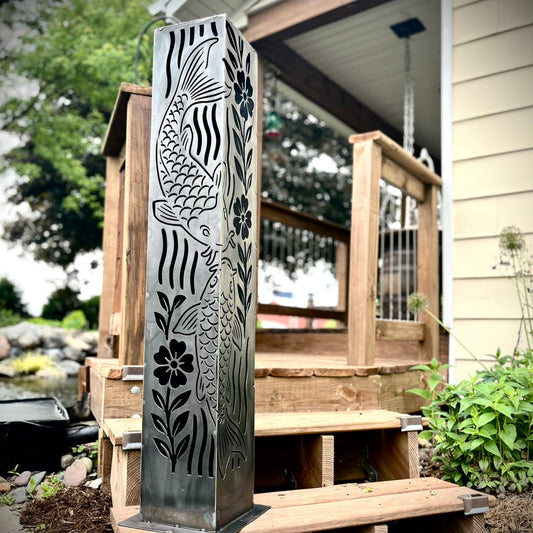 Floral Koi Steel Luminary Pillar | Multiple Sizes | Corten Available - corten pillar - corten steel light - Northern Forge, LLC